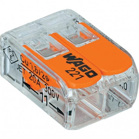 Borne de raccordement WAGO 221 Mini / 2 pôles transparents - orange / Boite de 100pcs