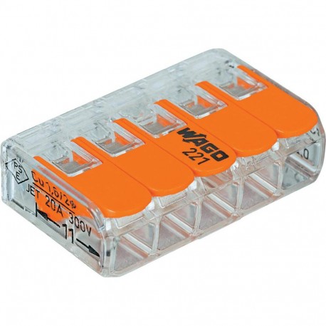 Borne de raccordement WAGO 221 Mini / 5 pôles transparents - orange / Boite de 25pcs
